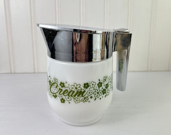 Vintage Gemco White Creamer with Green Floral Designs 70s Groovy Kitchen Decor