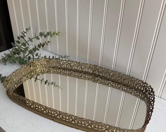 Vintage Gold Metal Oval Mirror Tray with Filigree Ormolu | Vanity Dresser Tray | 16 x 9