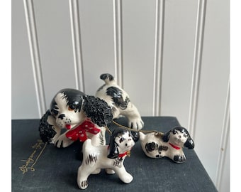 Vintage Wales Black and White Spaghetti Spaniel Dog Family | Chained Mom and Puppies Figurines | Made in Japan | With Sticker