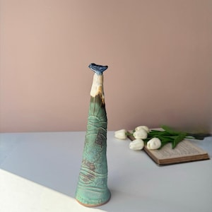 Handmade Studio Pottery Abstract Snow Topped Tree with Bird Sculpture | 11" | Folk Art Decor
