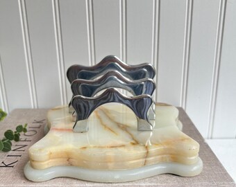 Vintage Alabaster Marble Stone Letter Holder with Chrome Dividers | MCM Office Desk Organizer | Mid-Century Marble Paper Organizer