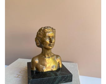 Vintage Bronze Sculpture Young Queen Elizabeth II | Onyx Marble Base | Royal Memorabilia | Hollywood Regency