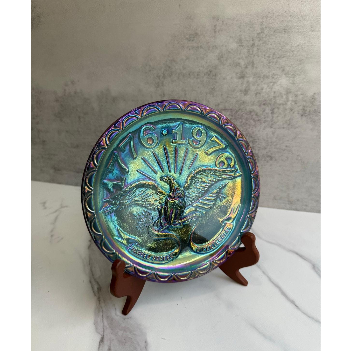 Vintage Blue Carnival Glass Bicentennial Plate | 1776-1976 Eagle Design | 8" Patriotic Decor