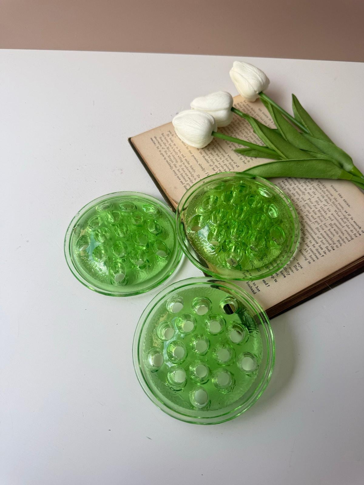 Vintage Green Glass Flower Frog - Etsy