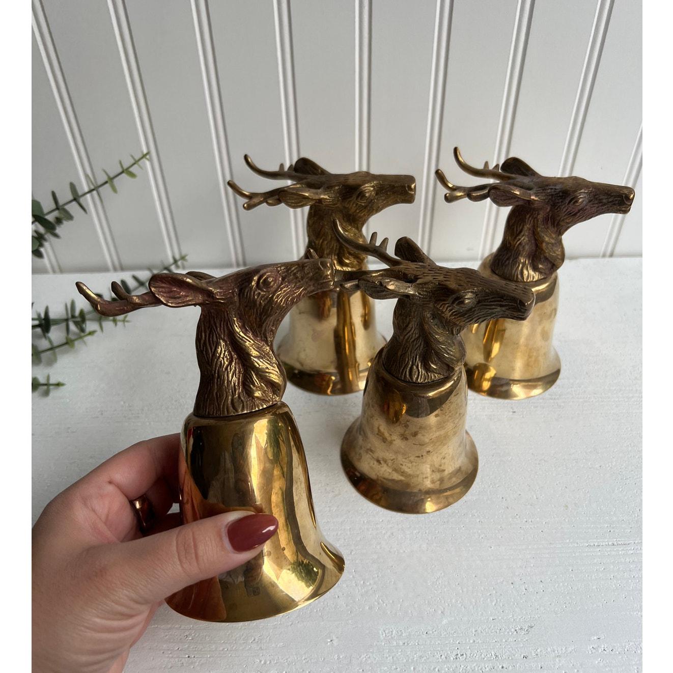Vintage Brass Deer Stirrup Cups Set of 4 | Stag Head Barware
