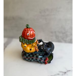 Halloween Candle Holder | Pumpkin Head Clown with Black Cat | Resin Figurine | Kitschy Halloween Decor