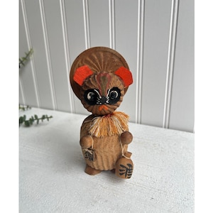 Japanese Kokeshi Doll Raccoon Dog Badger Tanuki Wooden Carving Figure Lucky 5.5&quot; Tall
