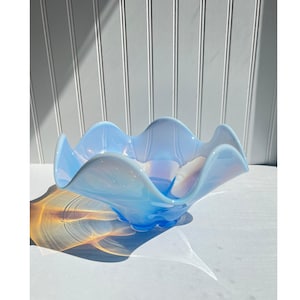 Vintage Art Glass Duncan Miller Canterybury Blue Opalescent Bowl Dish | Ruffled Edge