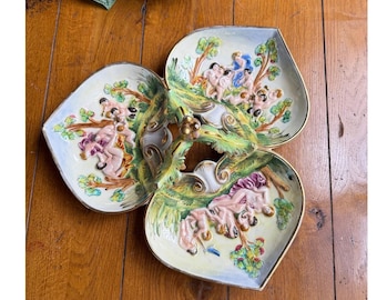 Vintage Rare Capodimonte Italian Handmade Ceramic Platter with Cherub Scenes | Porcelain Leaf Dish | Numbered Fine China