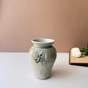 Vintage Studio Pottery Vase Signed Russell 1992 | 3D Flower Design Celadon Glaze | Small Bud Vase