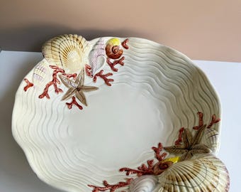 Fitz and Floyd Coral Shells Figural Server | Large Serving Bowl | Coastal Seashell Kitchen | Summer Clambake Party