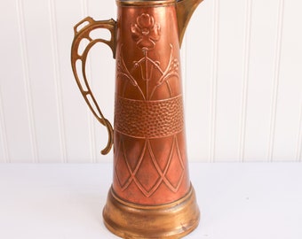 Vintage antiker Jugendstil-Kupferkrug mit Blumenmuster-Griff Antiker Bierkrug 11,5 "Hoch