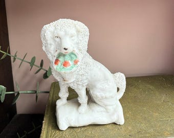 Vintage Antique Staffordshire Poodle Figurine | White Porcelain Dog | Flower Basket | English Pottery
