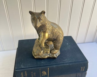 Vintage Brass Bear Standing on Rock Figurine Gold