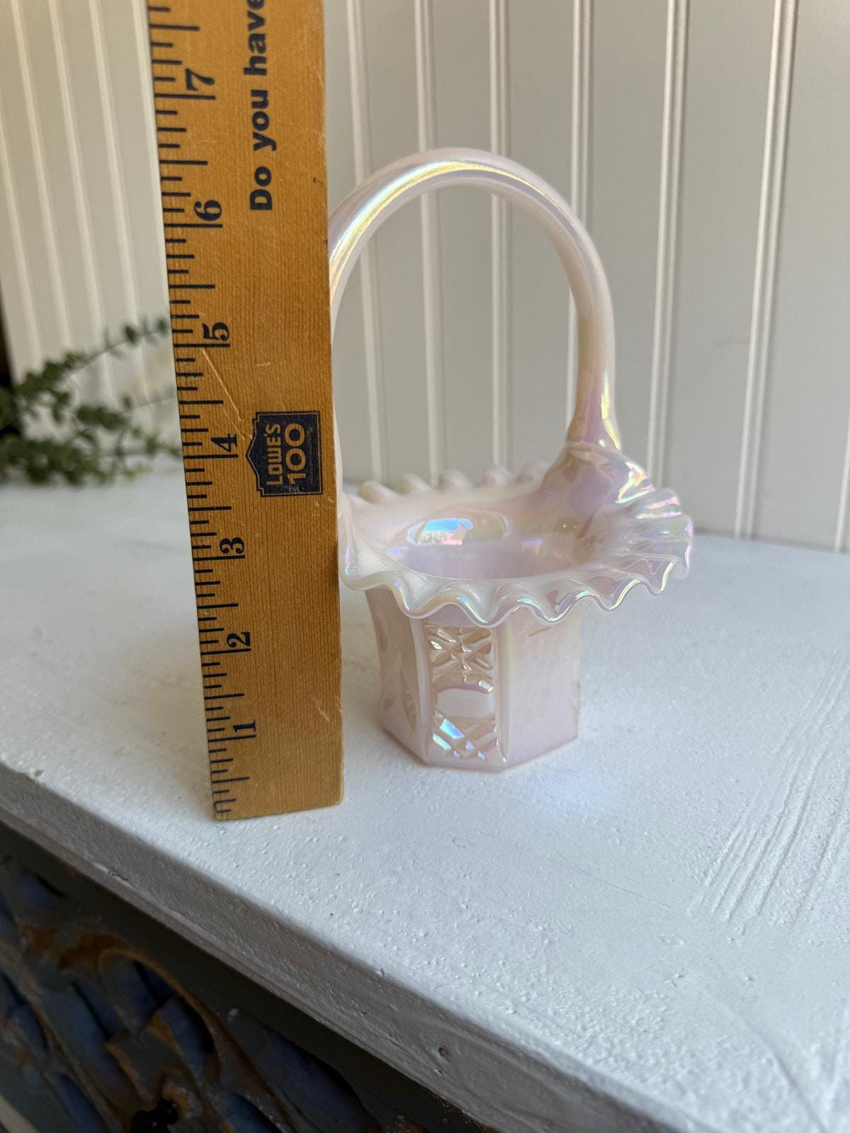 Vintage Fenton Iridescent Pink & White Glass Basket | Ruffled Edge