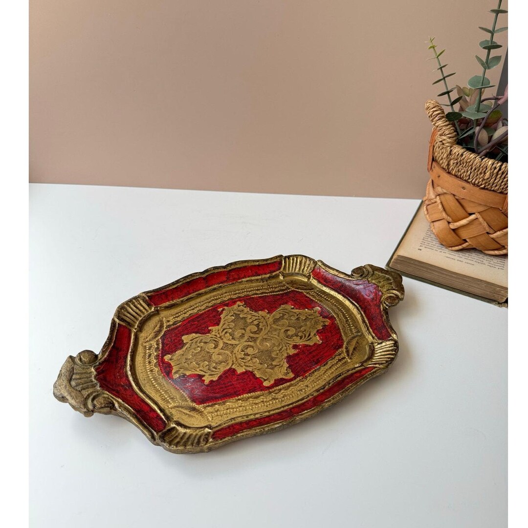 Vintage Italian Florentine Hand Painted Wooden Tray | Red & Gold | 12 ...