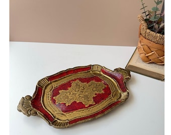 Vintage Italian Florentine Hand Painted Wooden Tray | Red & Gold | 12" | Vanity Dresser Decor