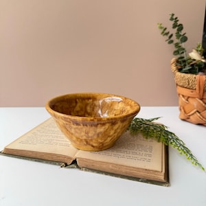 May include: A small, brown ceramic bowl with a textured surface. The bowl is set on an open, vintage book with aged pages. The background features a neutral wall and a woven basket with greenery.