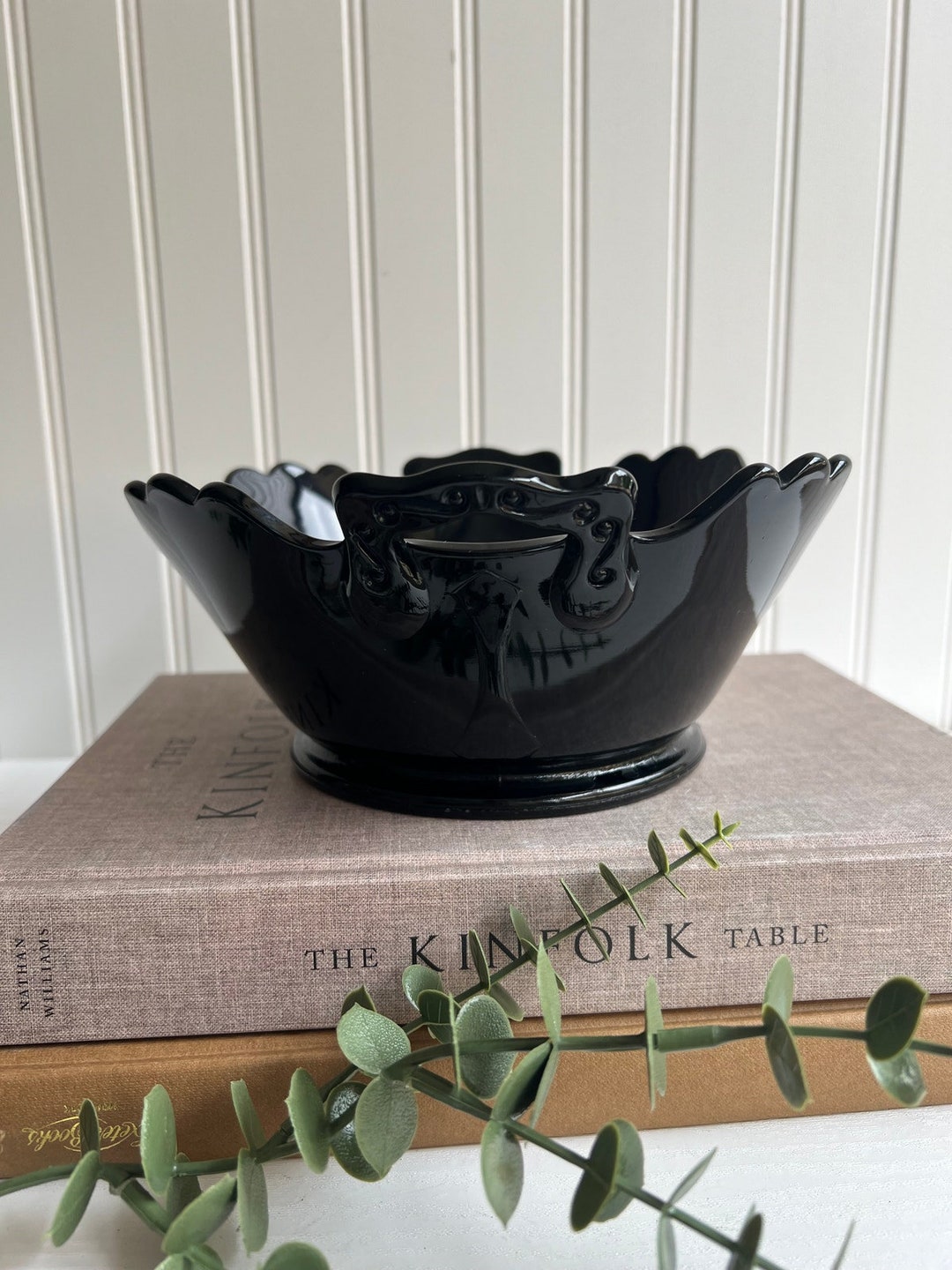 Vintage black glass bowl with two ornate handles gothic halloween candy
