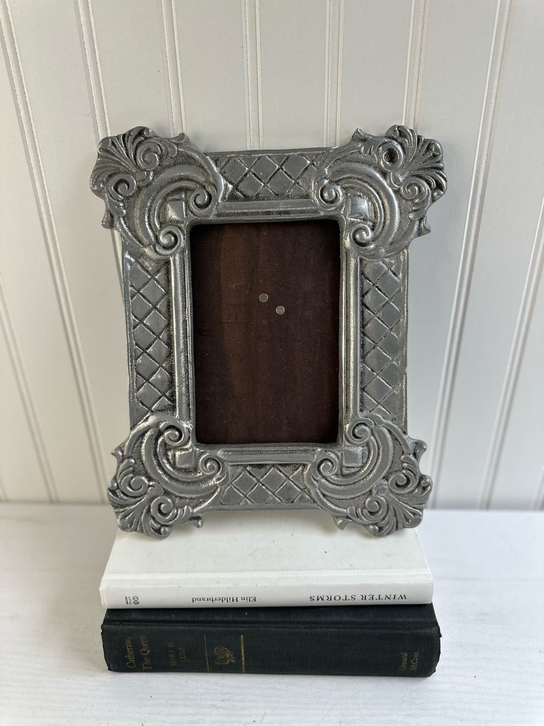 Vintage Thick Silver Metal Retro Photo Frame Wood Back Rectangle 4 X 6 ...