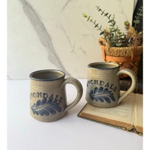 Op de afbeelding: Twee keramische mokken met handvatten. De mokken zijn beige met een blauwe rand en het woord "VONDALE" en een blauw bladmotief. De mokken staan op een wit oppervlak.