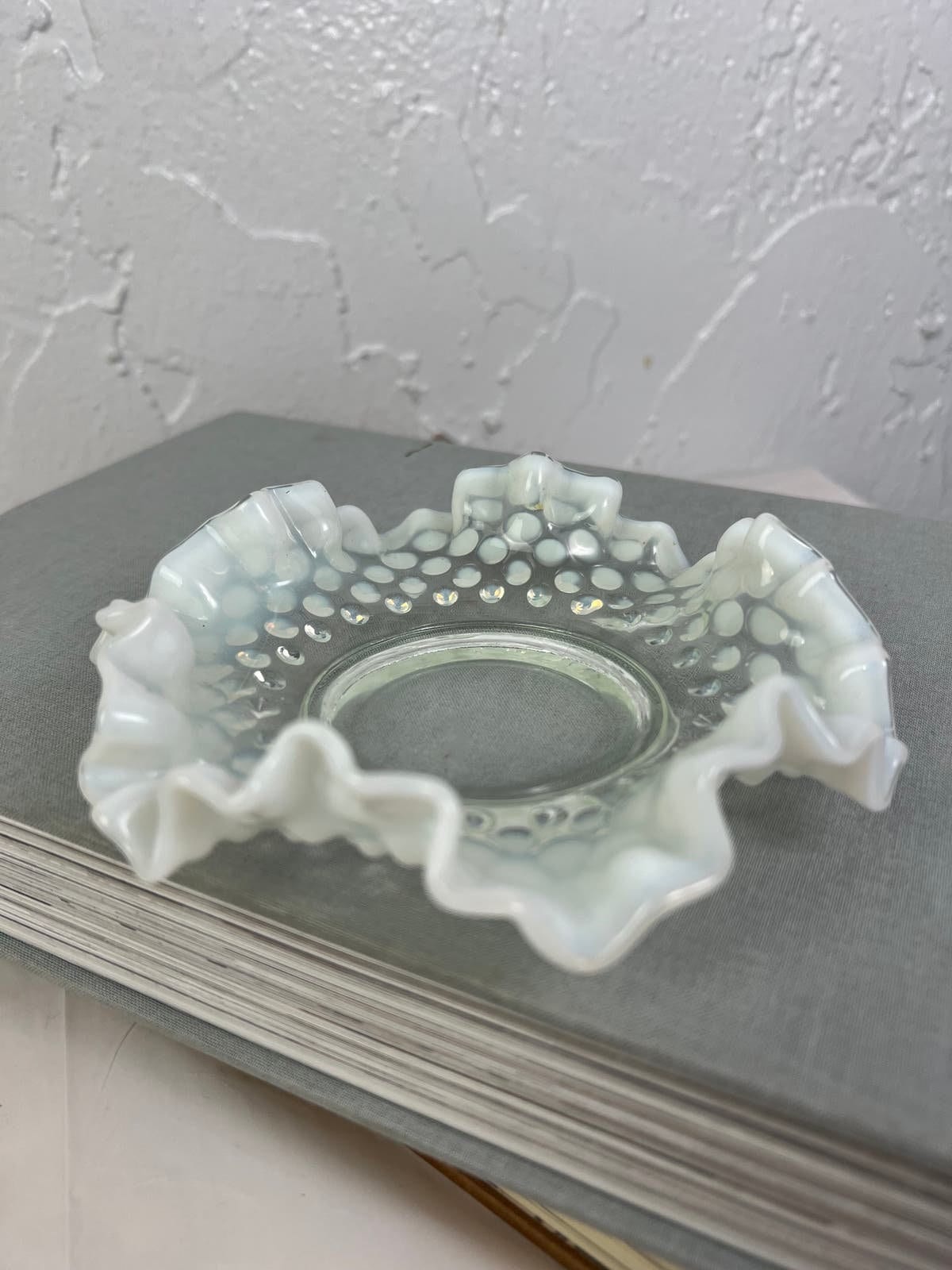 Fenton White Opalescent Ruffled Hobnail Candy Dish Vintage Handmade 6 ...