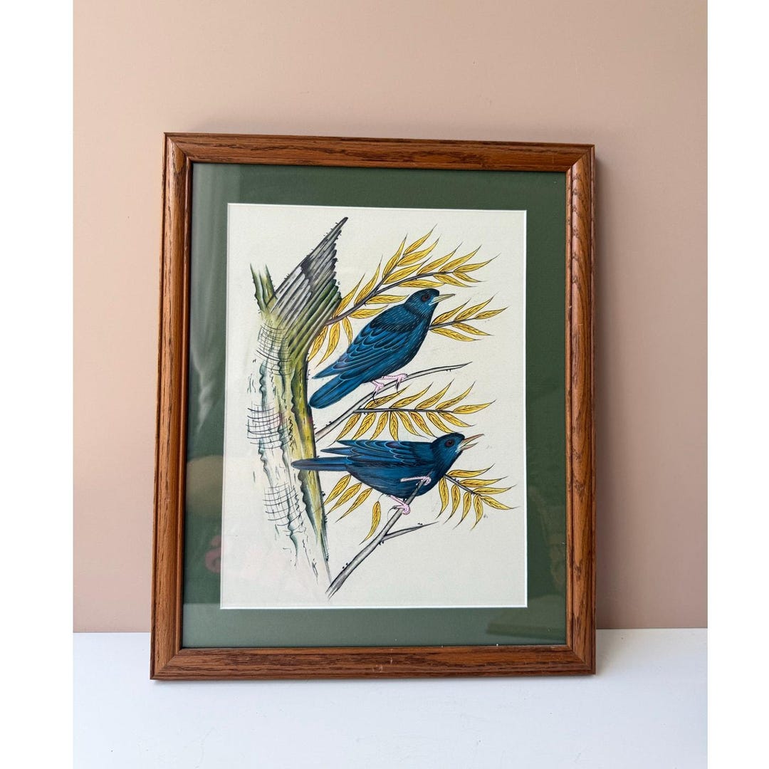 Vintage Hand Painted Birds on Silk Fabric | Framed Blue Bird Art | Wood ...