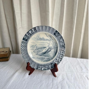 Antique Copeland Spode Fish Series Plate 1886 | Blue Transferware Aesthetic Movement Fishing Scene | English Staffordshire Cabinet Plate