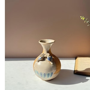 Handmade Studio Pottery Vase with 3D Bird Sculptures on Top | Signed Art Pottery | Eclectic Decor