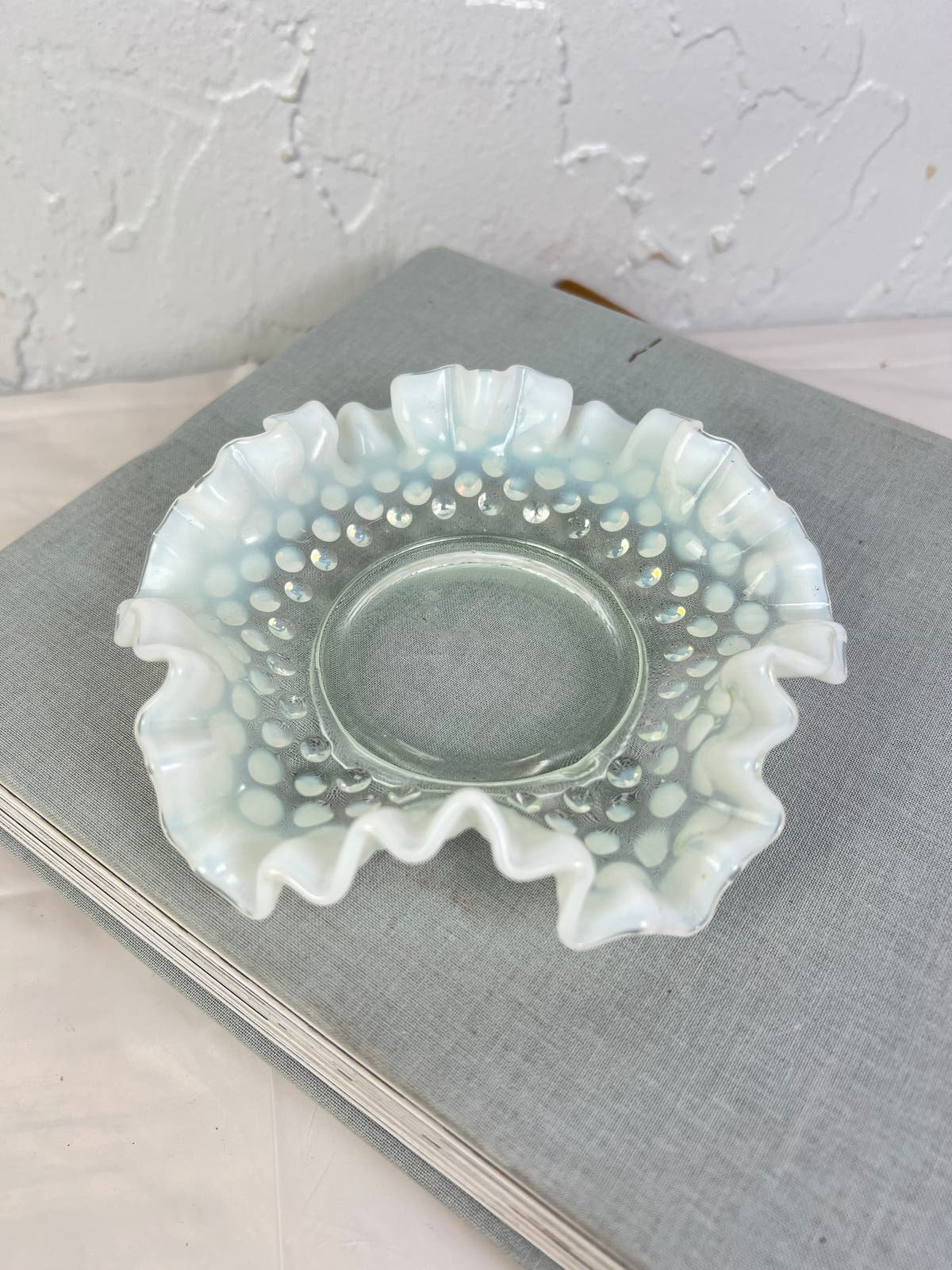 Fenton White Opalescent Ruffled Hobnail Candy Dish Vintage Handmade 6 ...