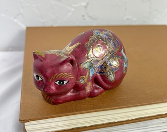 Ceramic Hand Painted Red and Gold Tone Cat Figurine Flower Pattern Shelf Sitter