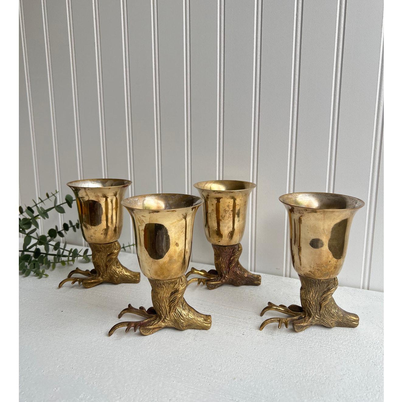 Vintage Brass Deer Stirrup Cups Set of 4 | Stag Head Barware