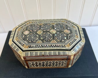 Vintage Octagonal Mosaic Mother of Pearl Inlay Wooden Box