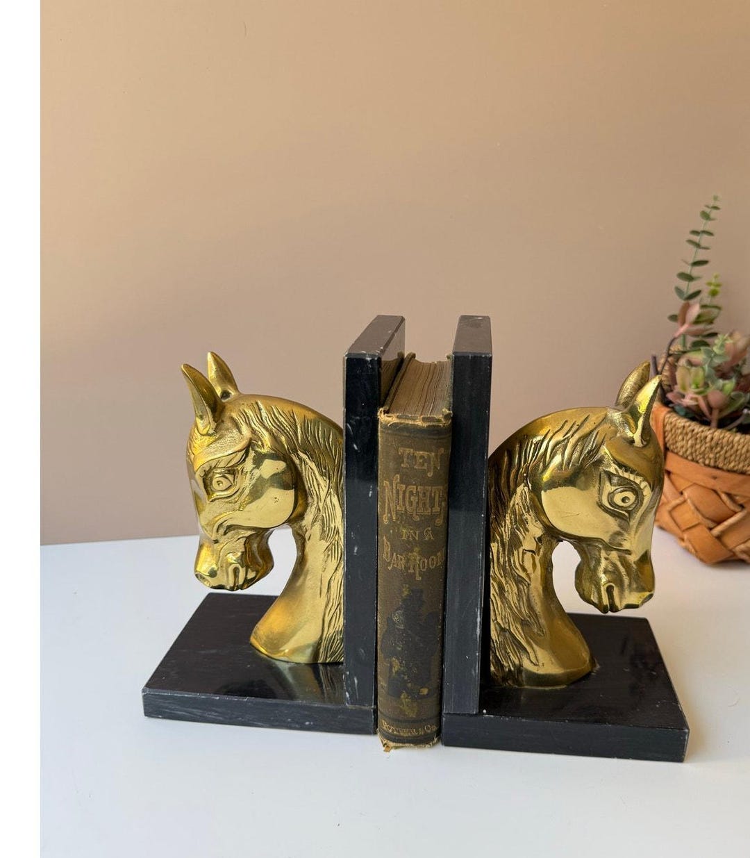 Vintage Black Marble Brass Horse Head Bookends Pair | Equestrian