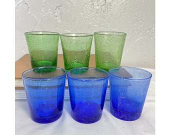 BIOT Lot de 6 tasses en verre soufflé bleu et vert France Bubble Glass