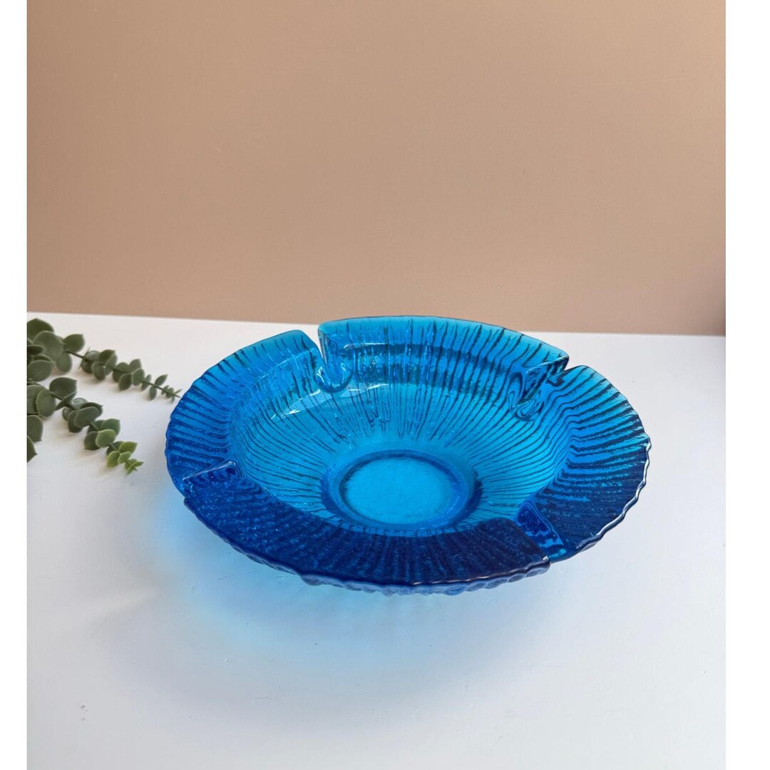 Vintage Blenko Blue Glass Ashtray | Sunburst Pattern | Mid Century