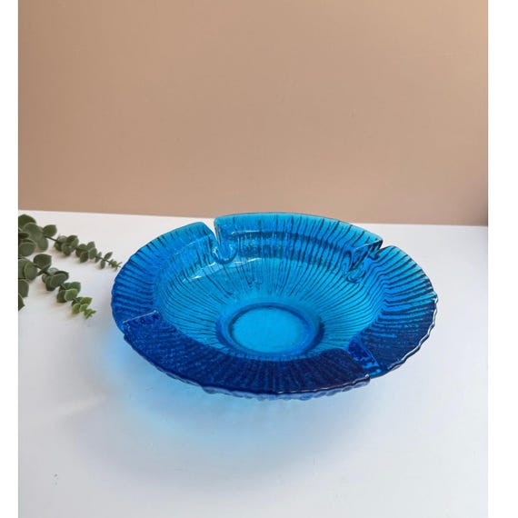 Vintage Blenko Blue Glass Ashtray | Sunburst Pattern | Mid Century