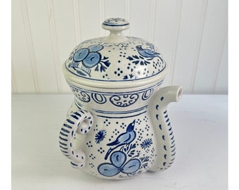 Vintage Avon Teapot Coffee Pot Blue and White Birds Delft Inpsired Made in Brazil