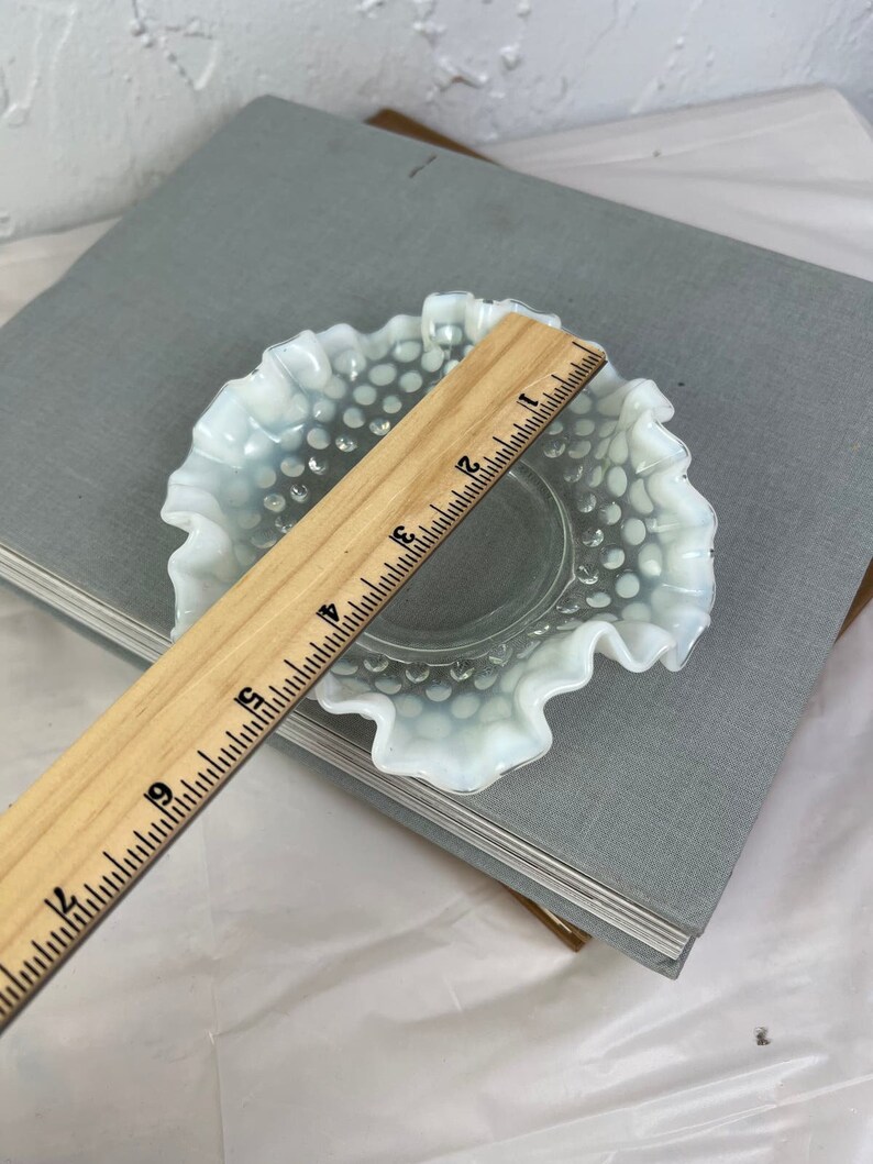 Fenton White Opalescent Ruffled Hobnail Candy Dish Vintage Handmade 6 ...