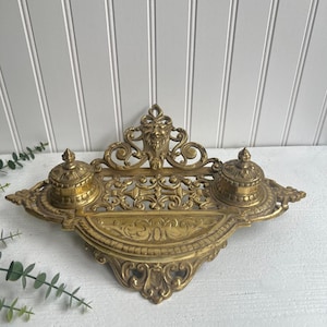 Vintage Ornate Brass Double Inkwell | Victorian-Inspired Desk Accessory | Collectible Writing Decor