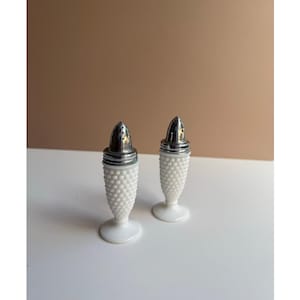 Vintage Hobnail Milk Glass Salt & Pepper Shakers | Footed Set | Cottage Farmhouse Kitchen | White Opalescent Glass