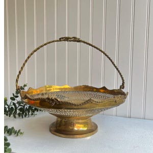 Vintage Large Brass Open Basket | Table Centerpiece | Pedestal Bowl | Fruit Decorative Bowl