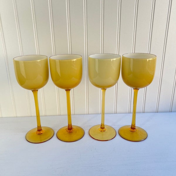 Vintage Carlo Moretti Amber Cased White Long Stem Wine Glasses Set of 4 Italian MCM