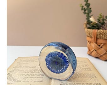 Vintage 1991 Robert Eickholt Signed Blue Ribbon Swirl Art Glass Paperweight | Collectible Studio Glass