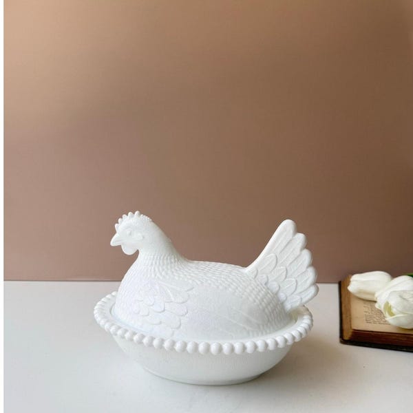 Vintage Indiana Glass White Milk Glass Hen on Nest Covered Dish | 7" Beaded Rim | Farmhouse Cottage Decor