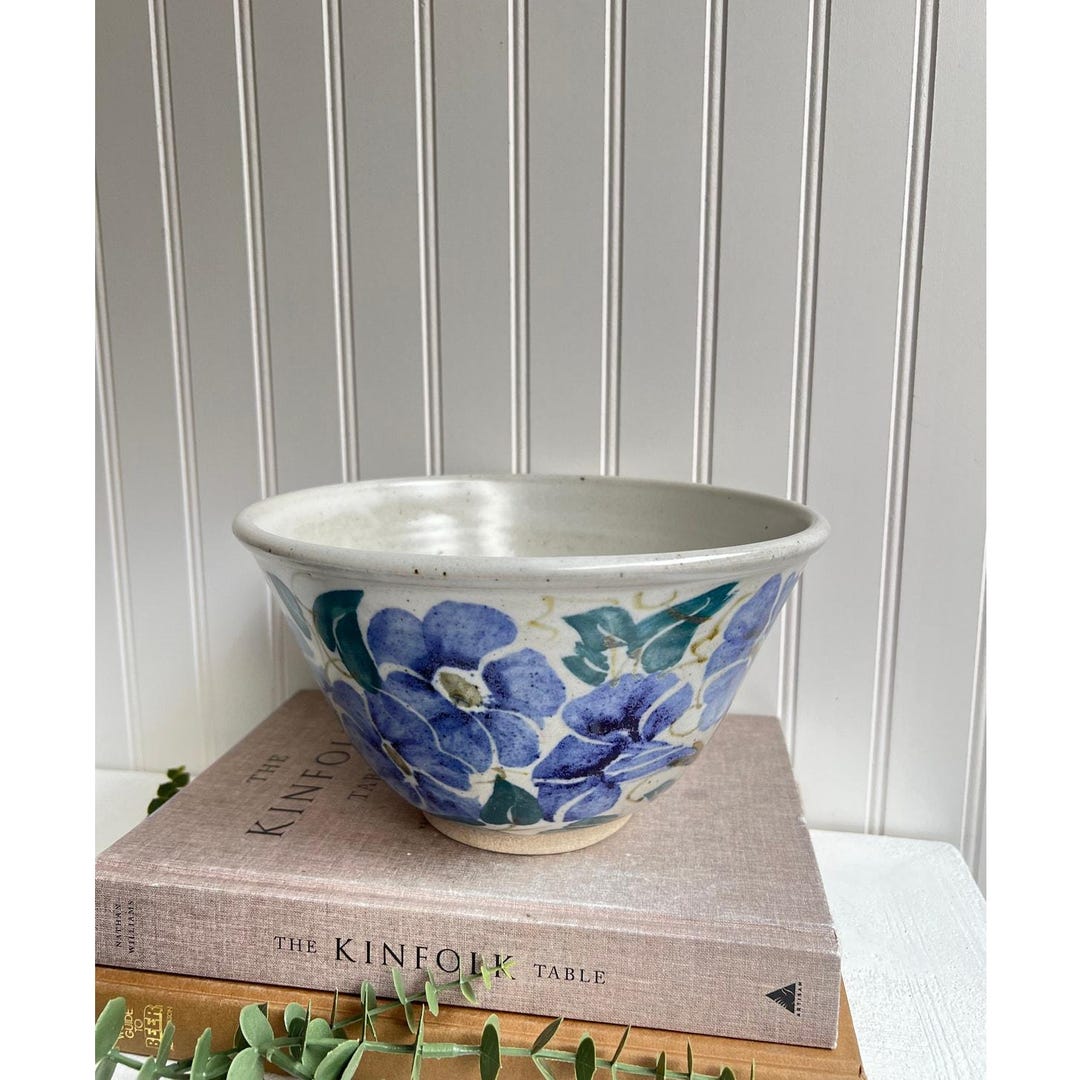 Signed Handpainted Pottery Bowl With Blue Floral Design | 9" Decorative ...