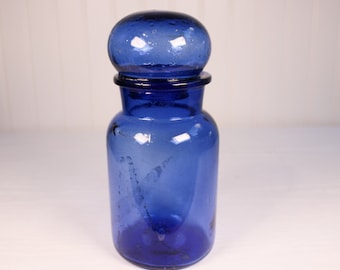 Pot d'apothicaire vintage en verre bleu cobalt avec couvercle 9 po. de haut