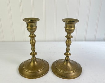 Vintage Heavy Pair of Brass Turned Candlestick Candleholders 6" Set of 2