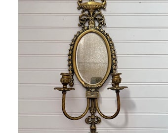 Oval spegelvägglampa i massiv mässing i vintagestil i fransk stil | Dubbel ljusstake | Hollywood Regency-dekor