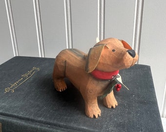 Vintage Rana Small Wood Handcarved Dog Figurine | Wearing Mistletoe Collar | Festive Holiday Decor